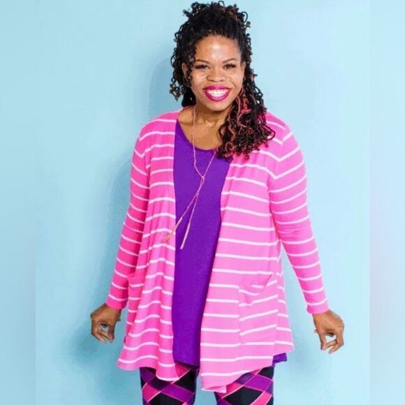 Lularoe Caroline A line Hot Pink Striped Cardigan - Picture 4 of 7